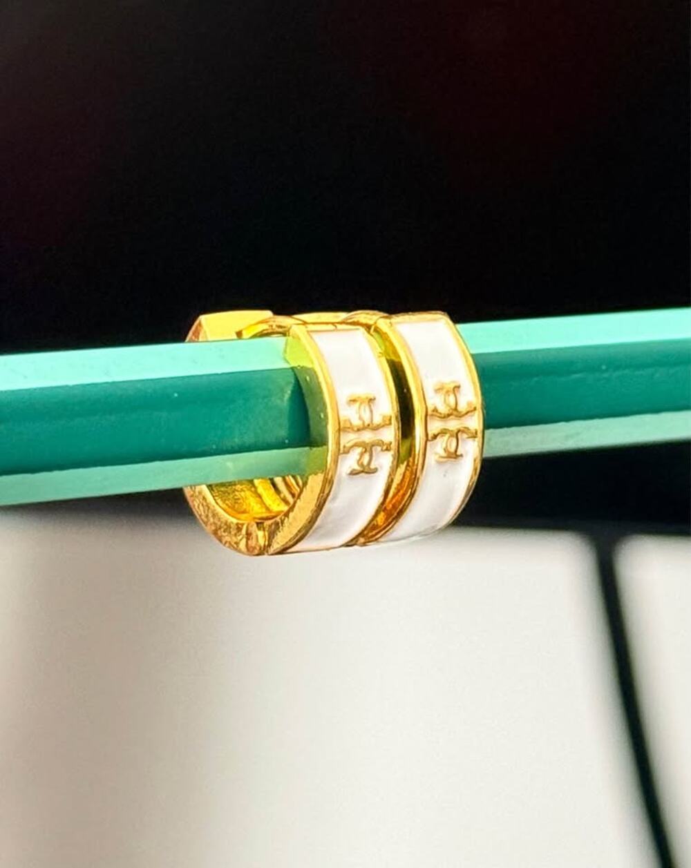 White Enamel Gold Tone Huggie Hoop Earrings, Minimalist Enamel